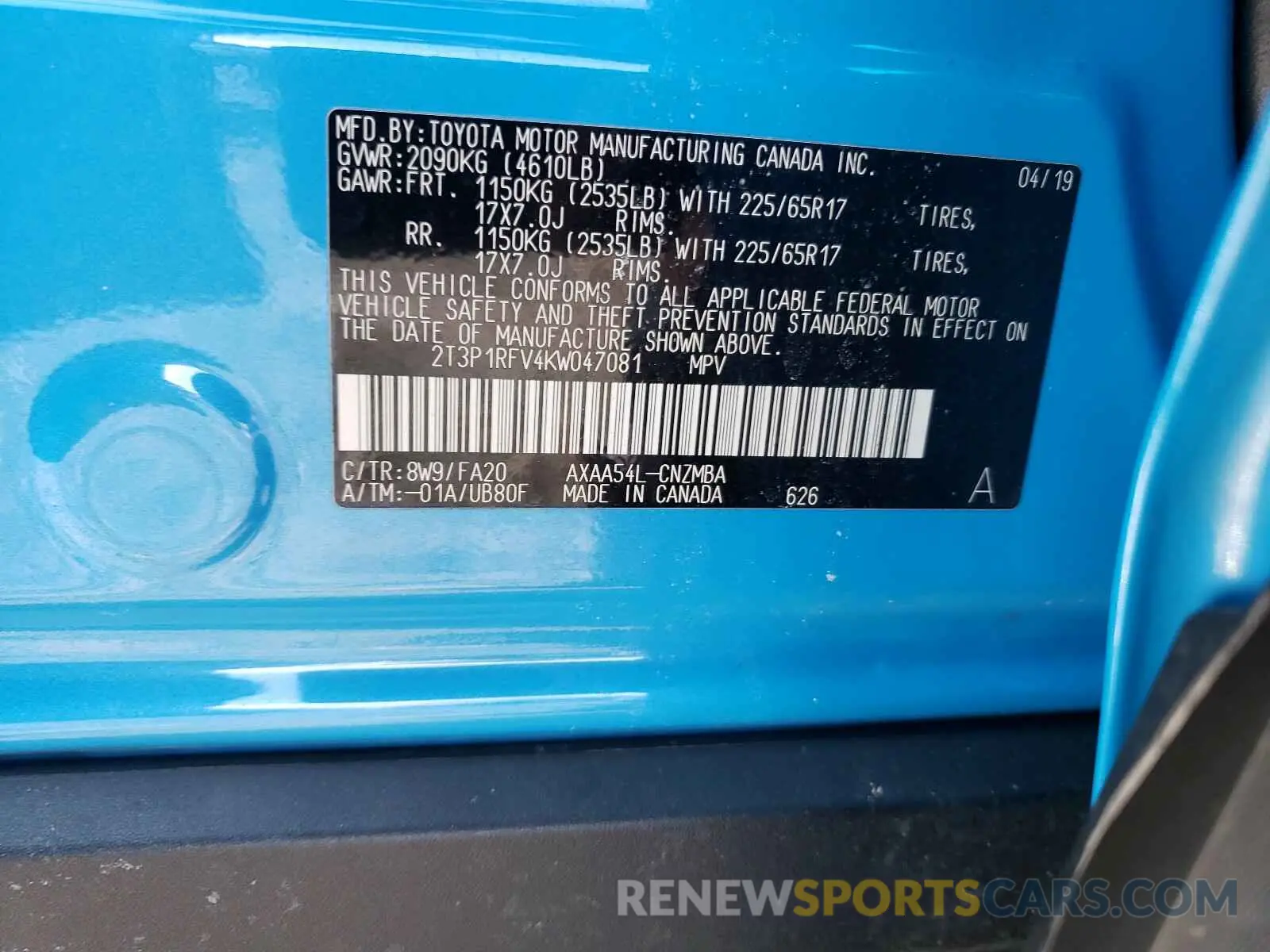10 Photograph of a damaged car 2T3P1RFV4KW047081 TOYOTA RAV4 2019