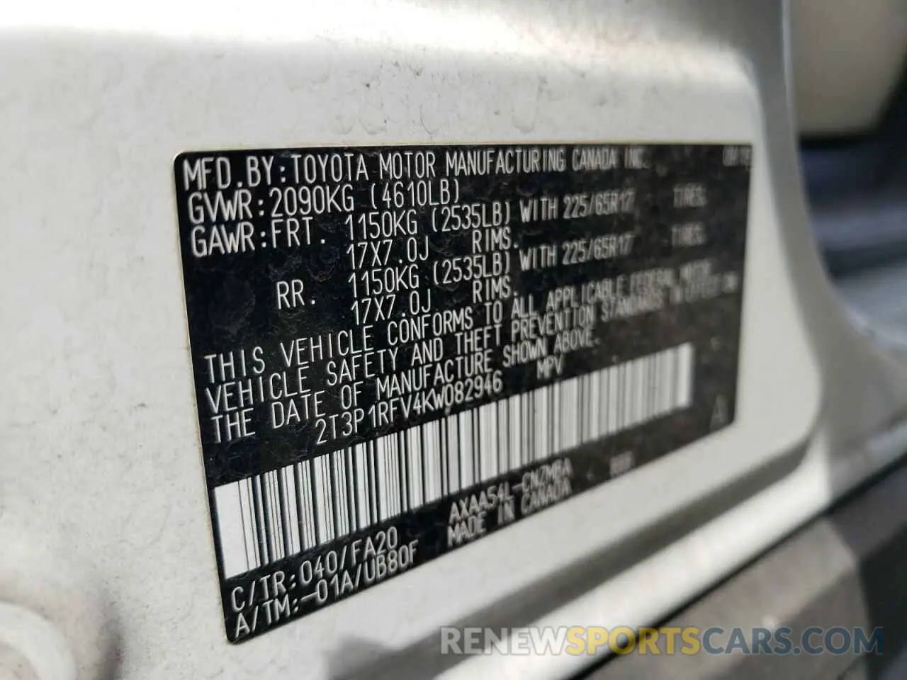 13 Photograph of a damaged car 2T3P1RFV4KW082946 TOYOTA RAV4 2019