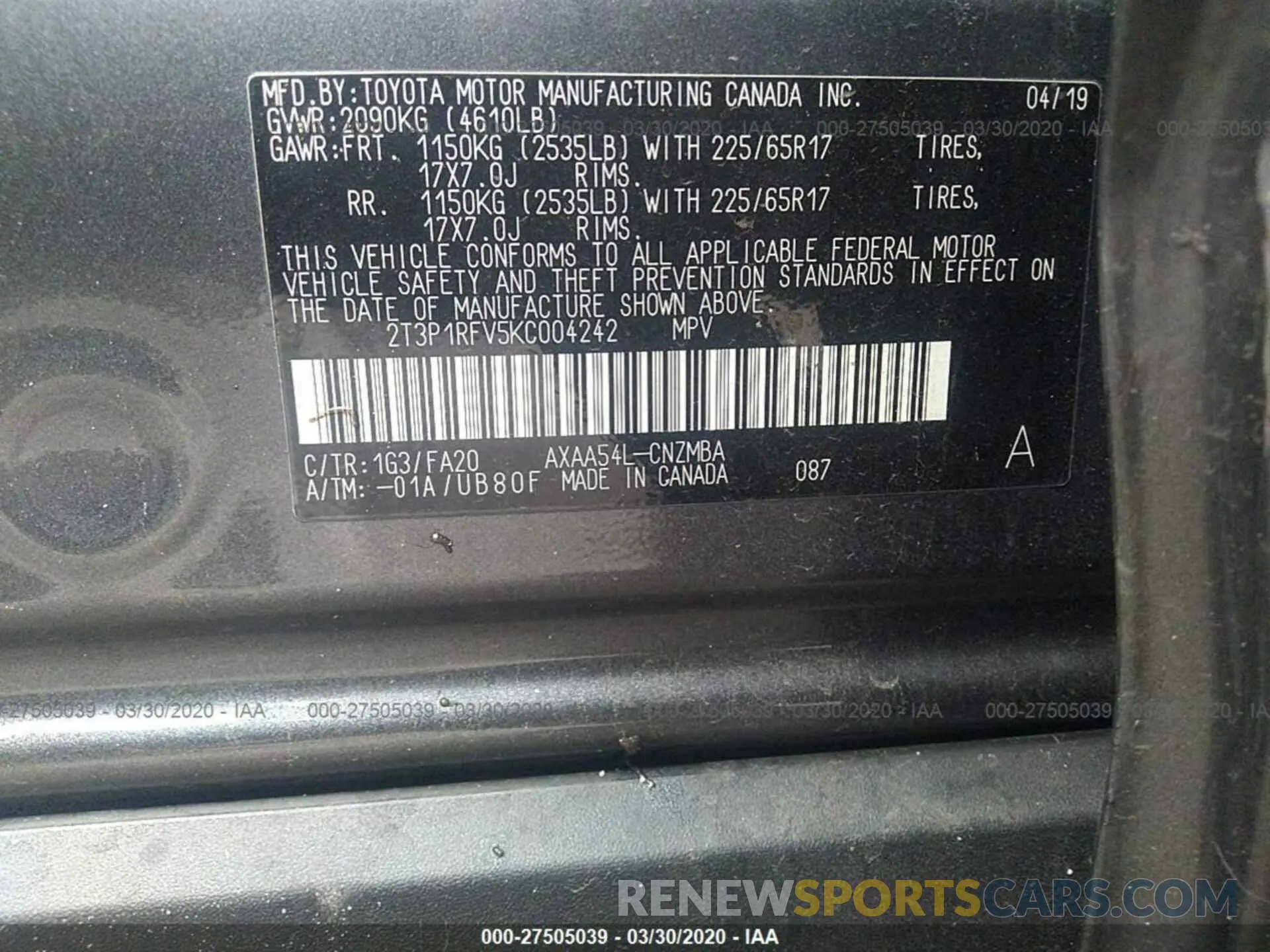 9 Photograph of a damaged car 2T3P1RFV5KC004242 TOYOTA RAV4 2019