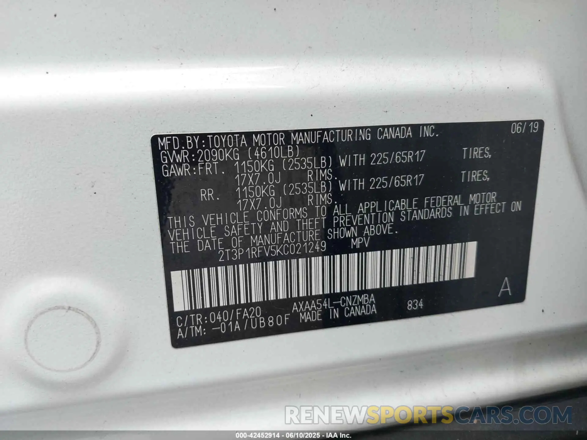 9 Photograph of a damaged car 2T3P1RFV5KC021249 TOYOTA RAV4 2019