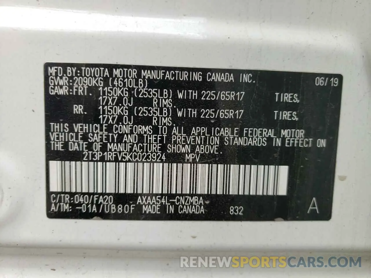 10 Photograph of a damaged car 2T3P1RFV5KC023924 TOYOTA RAV4 2019