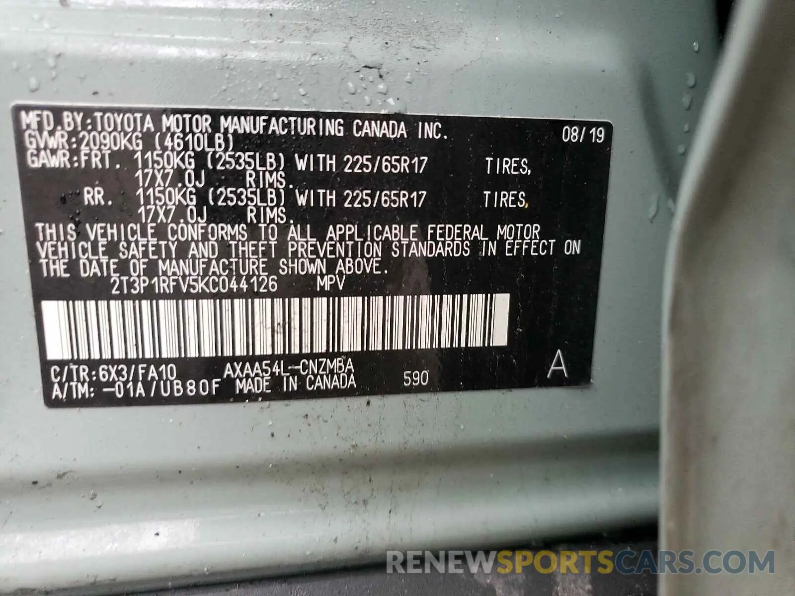 10 Фотография поврежденного автомобиля 2T3P1RFV5KC044126 TOYOTA RAV4 2019