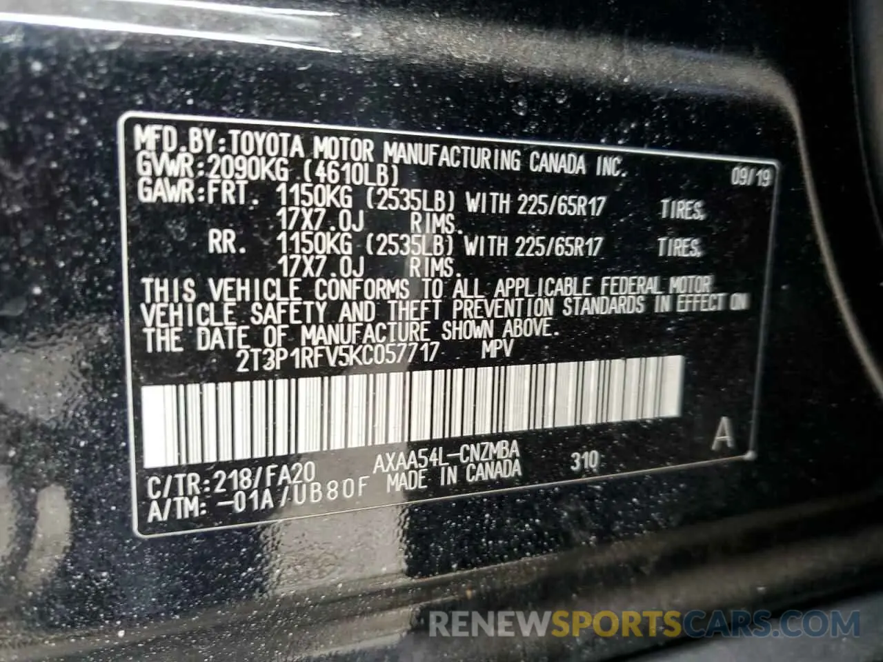 13 Photograph of a damaged car 2T3P1RFV5KC057717 TOYOTA RAV4 2019
