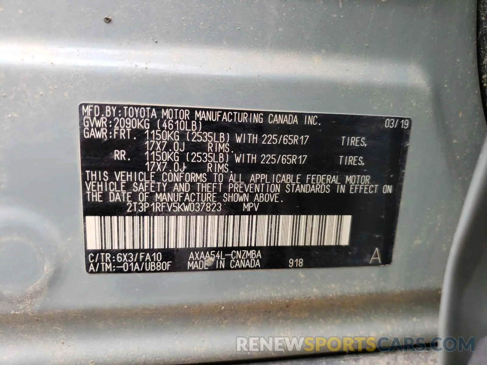 10 Photograph of a damaged car 2T3P1RFV5KW037823 TOYOTA RAV4 2019