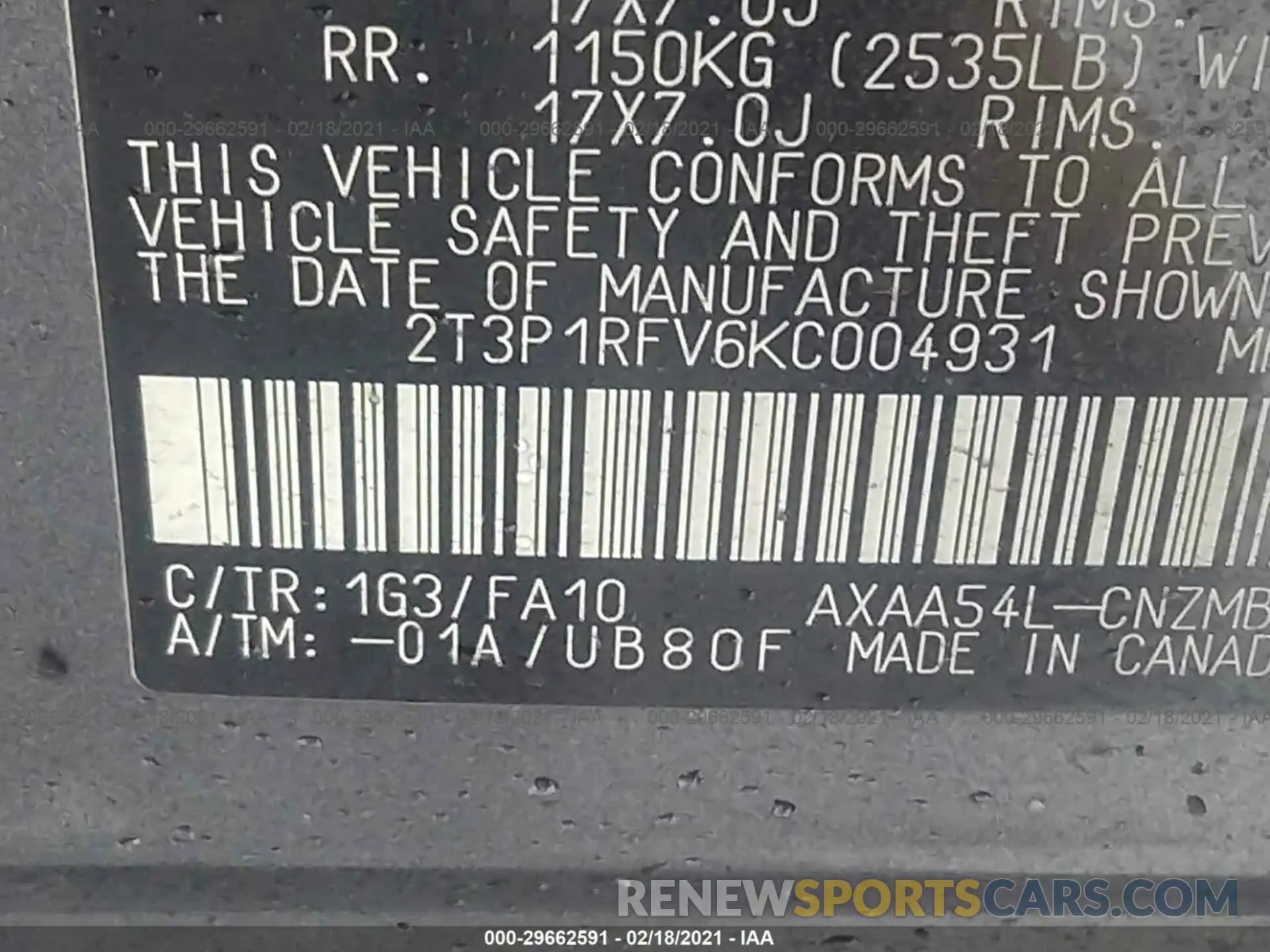 9 Photograph of a damaged car 2T3P1RFV6KC004931 TOYOTA RAV4 2019