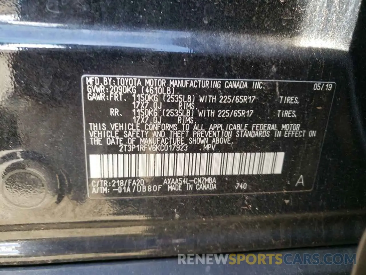 10 Фотография поврежденного автомобиля 2T3P1RFV6KC017923 TOYOTA RAV4 2019