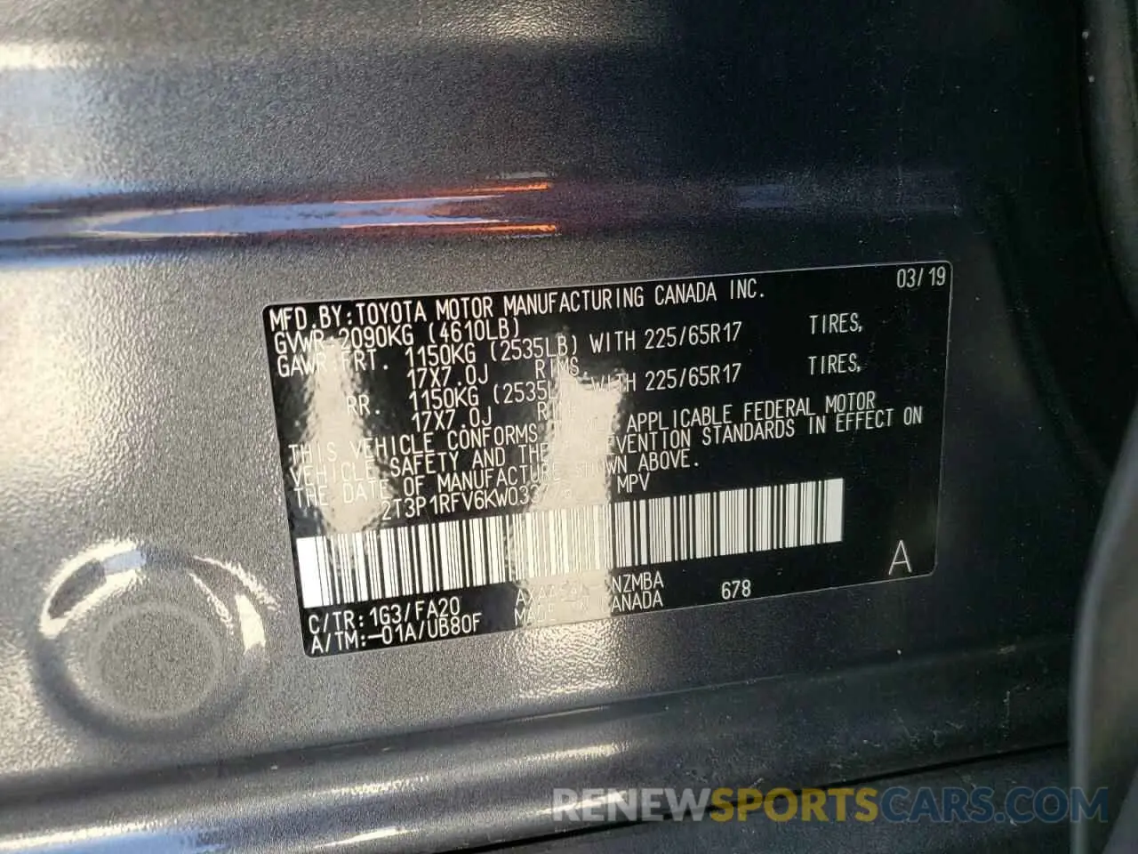 10 Фотография поврежденного автомобиля 2T3P1RFV6KW033778 TOYOTA RAV4 2019