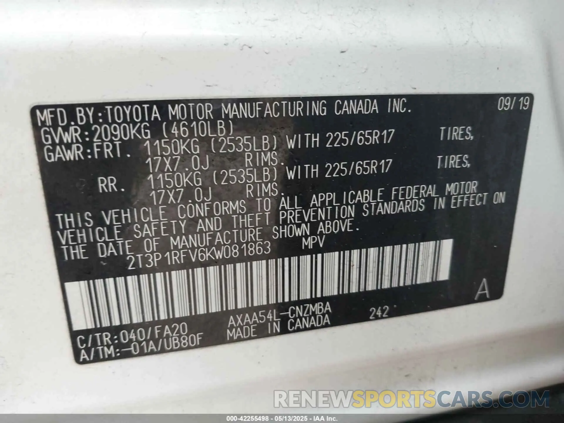 9 Фотография поврежденного автомобиля 2T3P1RFV6KW081863 TOYOTA RAV4 2019