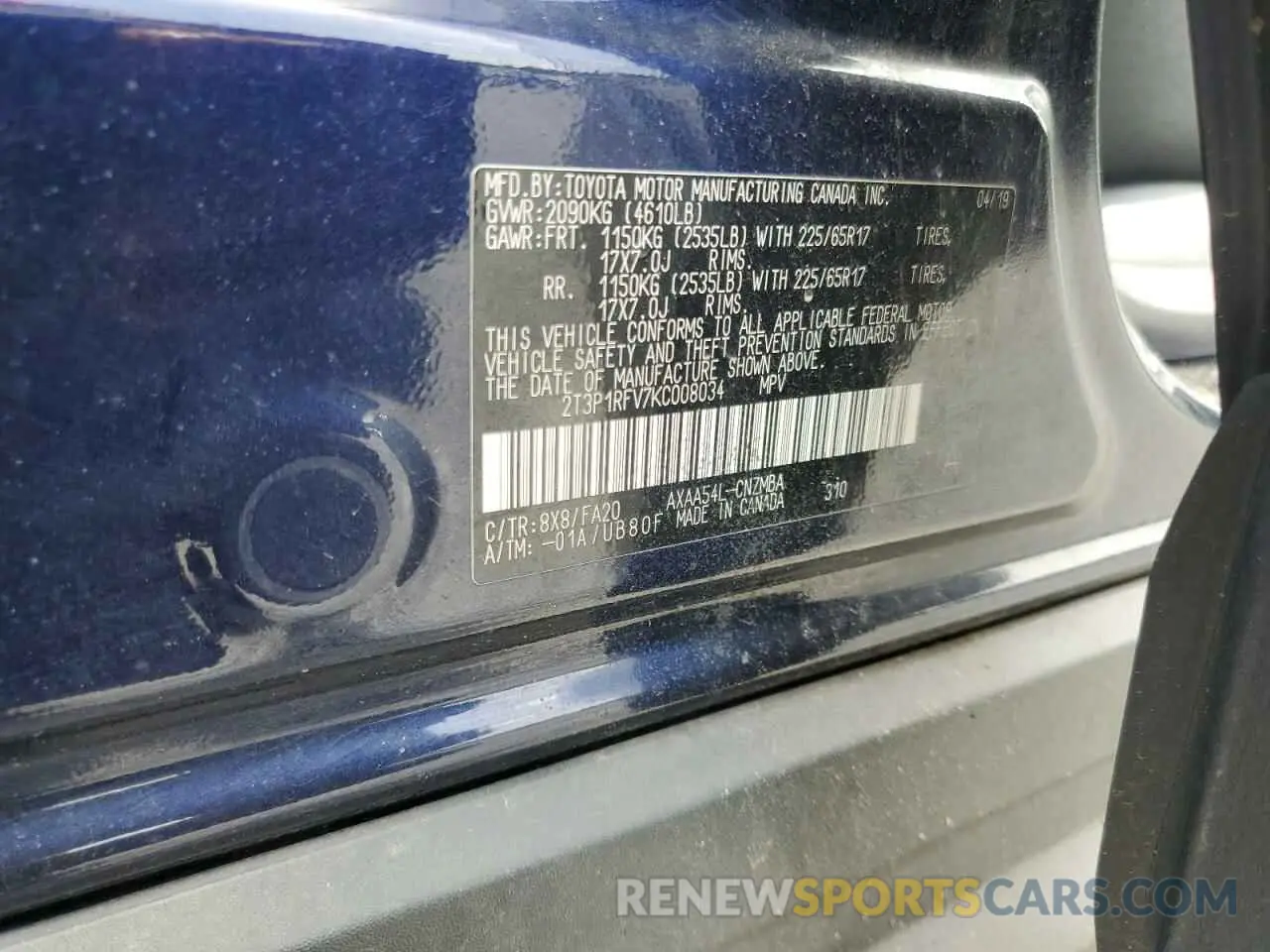 13 Фотография поврежденного автомобиля 2T3P1RFV7KC008034 TOYOTA RAV4 2019