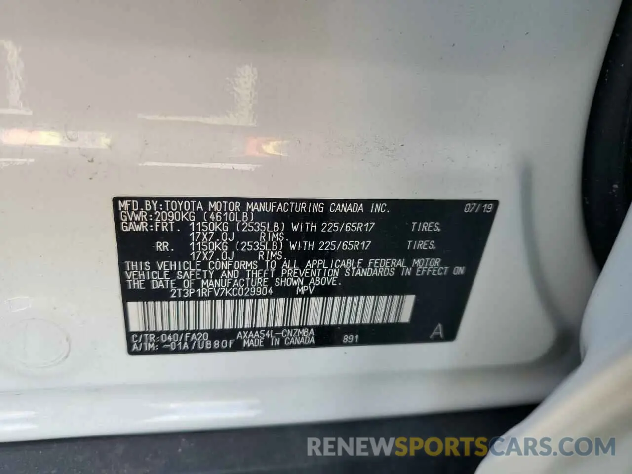 13 Photograph of a damaged car 2T3P1RFV7KC029904 TOYOTA RAV4 2019