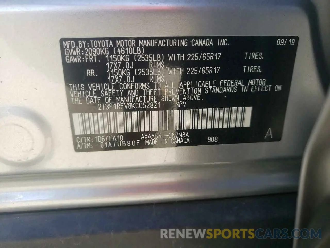 12 Фотография поврежденного автомобиля 2T3P1RFV8KC052821 TOYOTA RAV4 2019