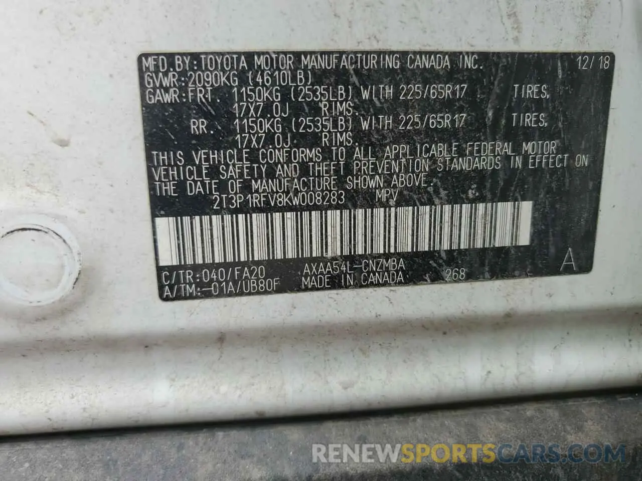 13 Photograph of a damaged car 2T3P1RFV8KW008283 TOYOTA RAV4 2019