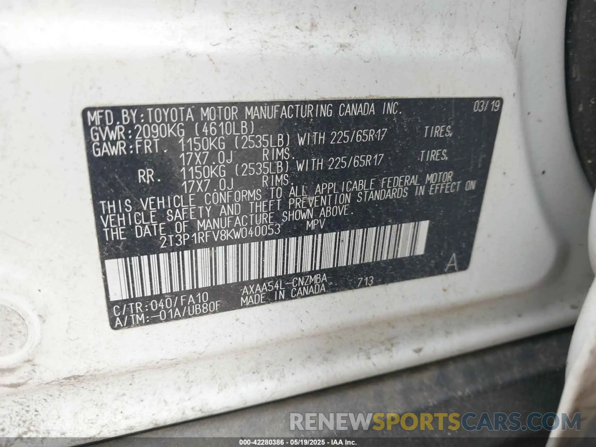 9 Photograph of a damaged car 2T3P1RFV8KW040053 TOYOTA RAV4 2019