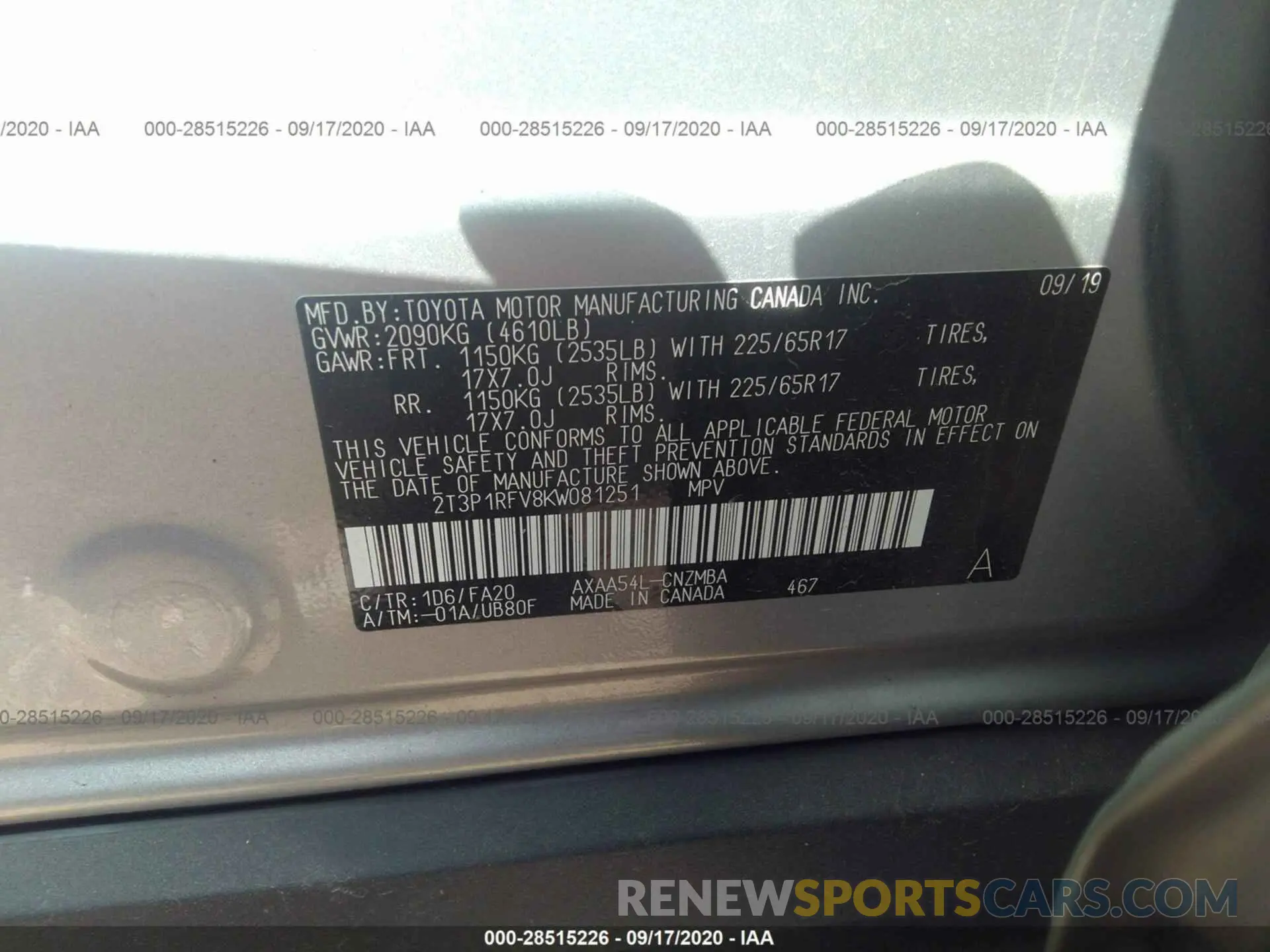 9 Photograph of a damaged car 2T3P1RFV8KW081251 TOYOTA RAV4 2019