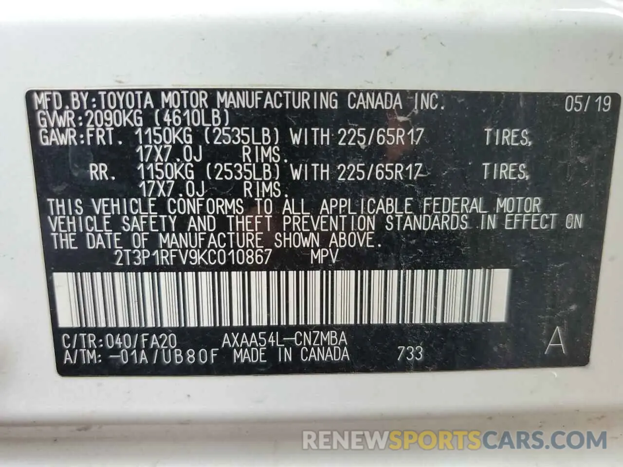 13 Photograph of a damaged car 2T3P1RFV9KC010867 TOYOTA RAV4 2019
