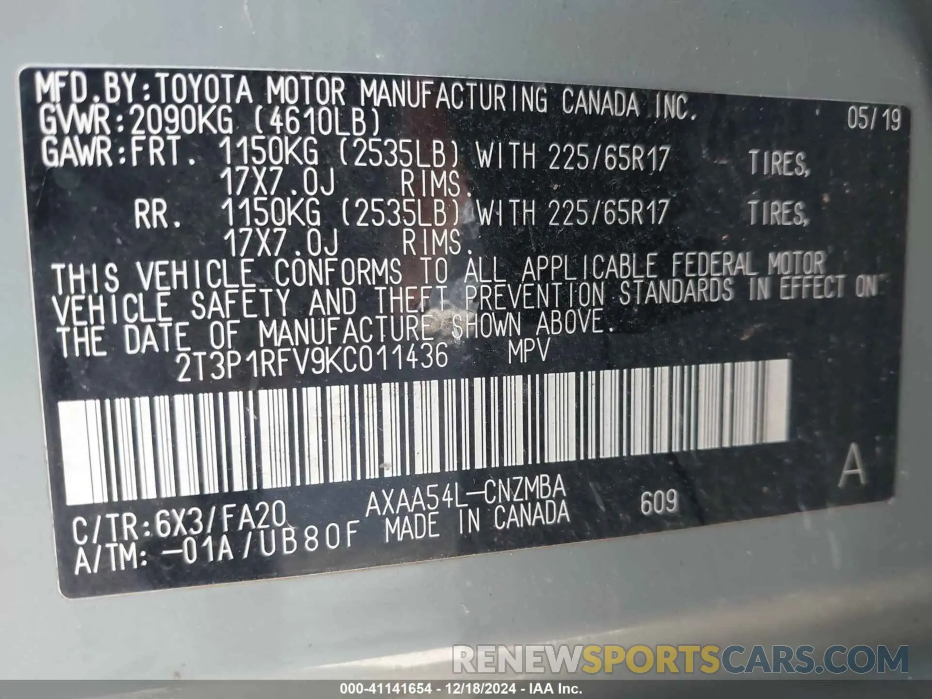 9 Фотография поврежденного автомобиля 2T3P1RFV9KC011436 TOYOTA RAV4 2019