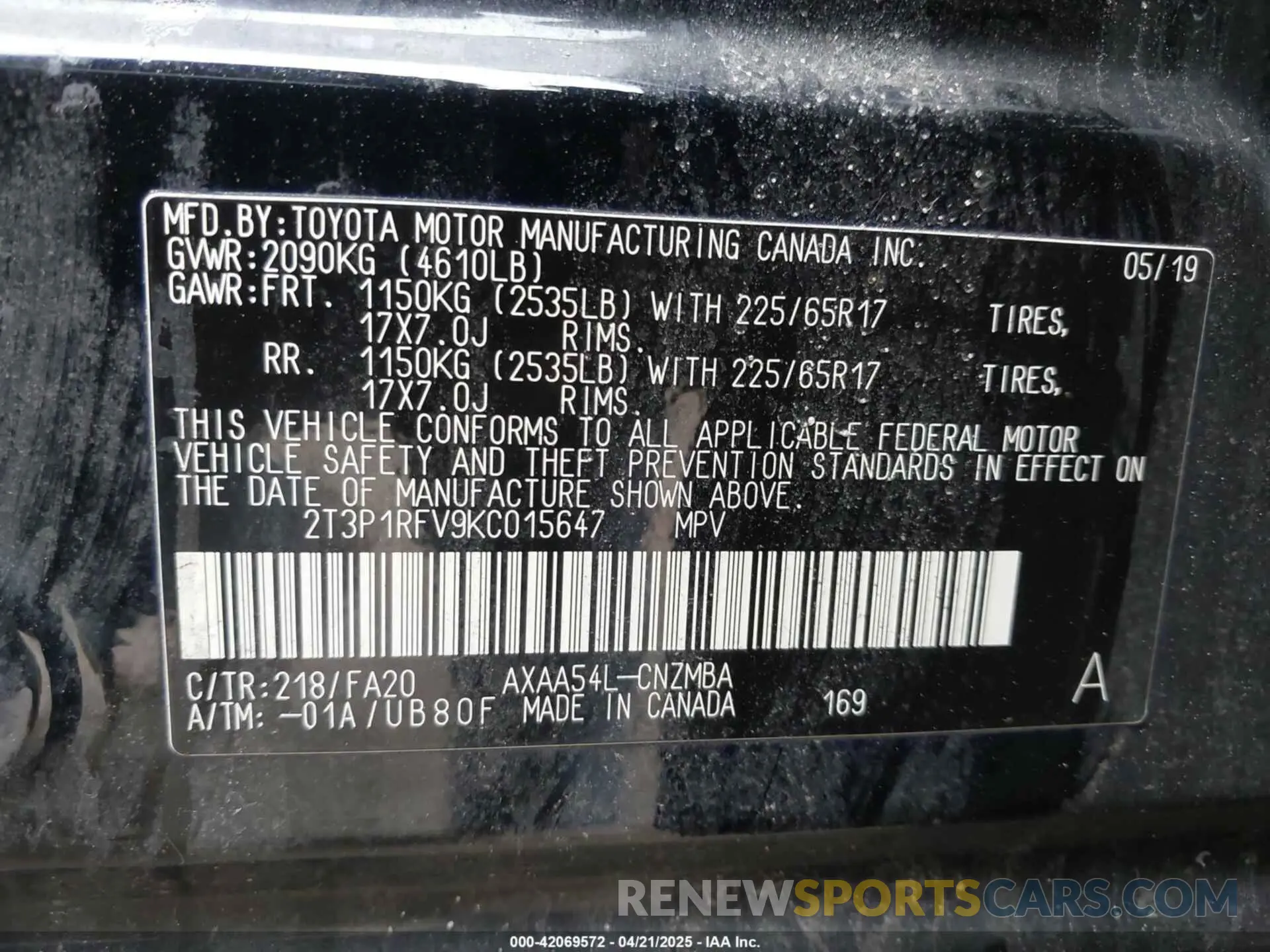9 Photograph of a damaged car 2T3P1RFV9KC015647 TOYOTA RAV4 2019