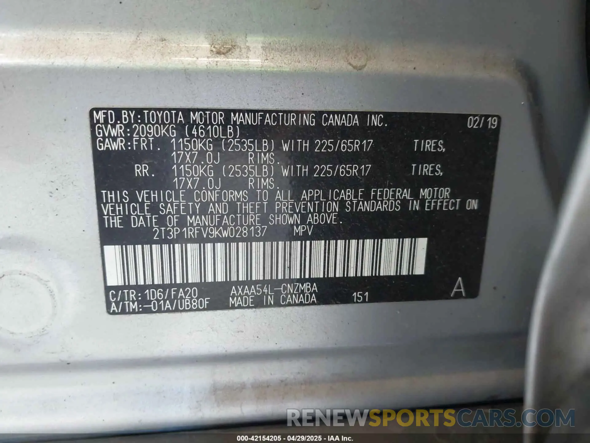 9 Photograph of a damaged car 2T3P1RFV9KW028137 TOYOTA RAV4 2019