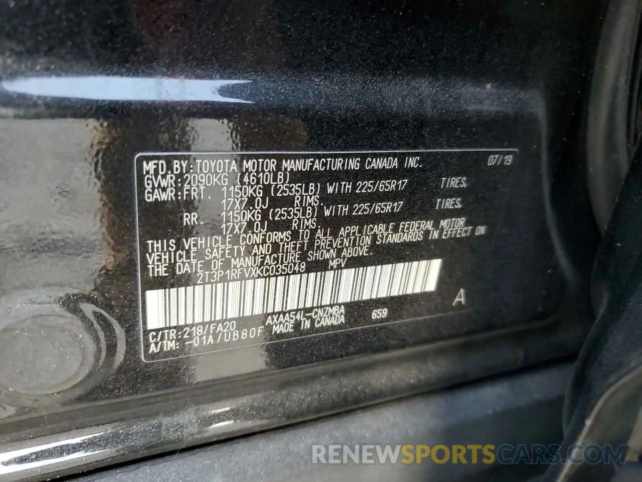 13 Фотография поврежденного автомобиля 2T3P1RFVXKC035048 TOYOTA RAV4 2019