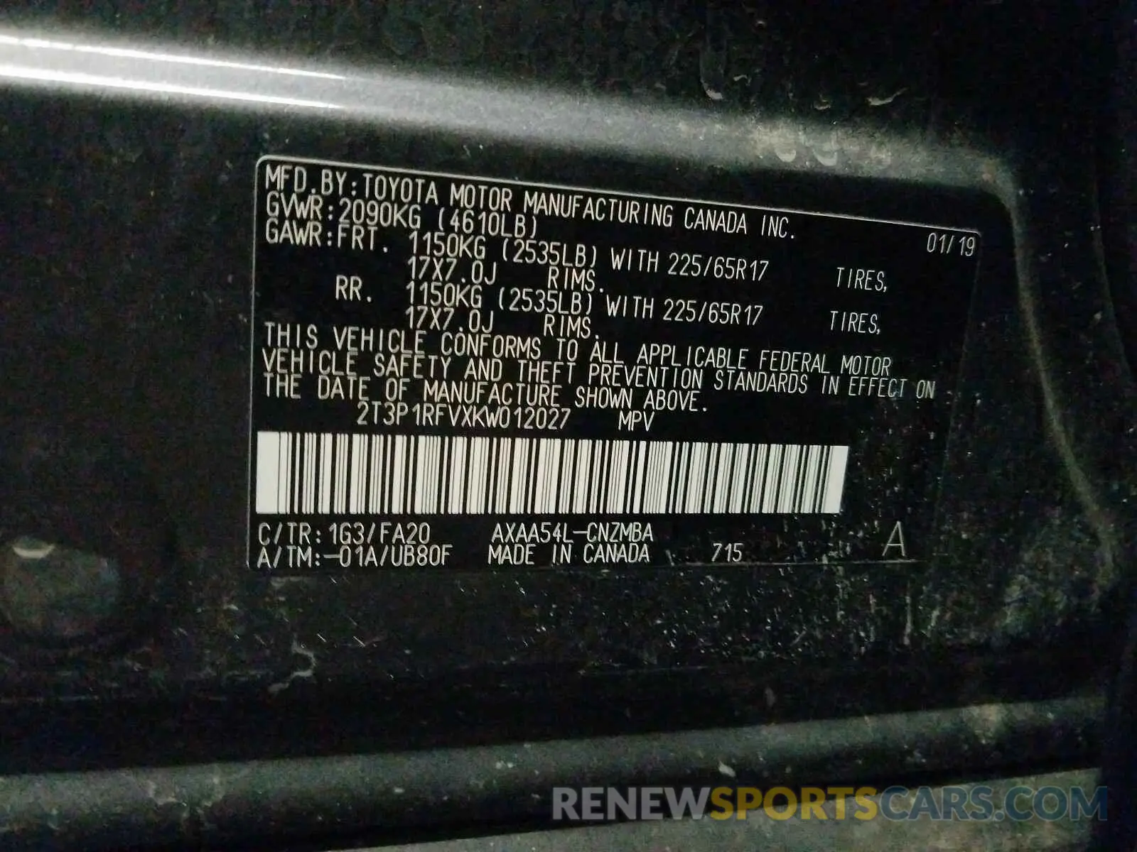 10 Фотография поврежденного автомобиля 2T3P1RFVXKW012027 TOYOTA RAV4 2019