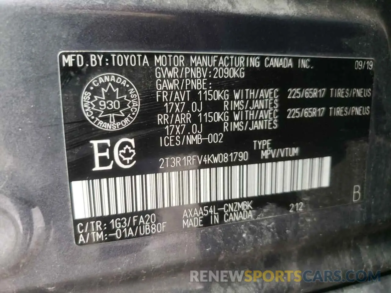 10 Photograph of a damaged car 2T3R1RFV4KW081790 TOYOTA RAV4 2019