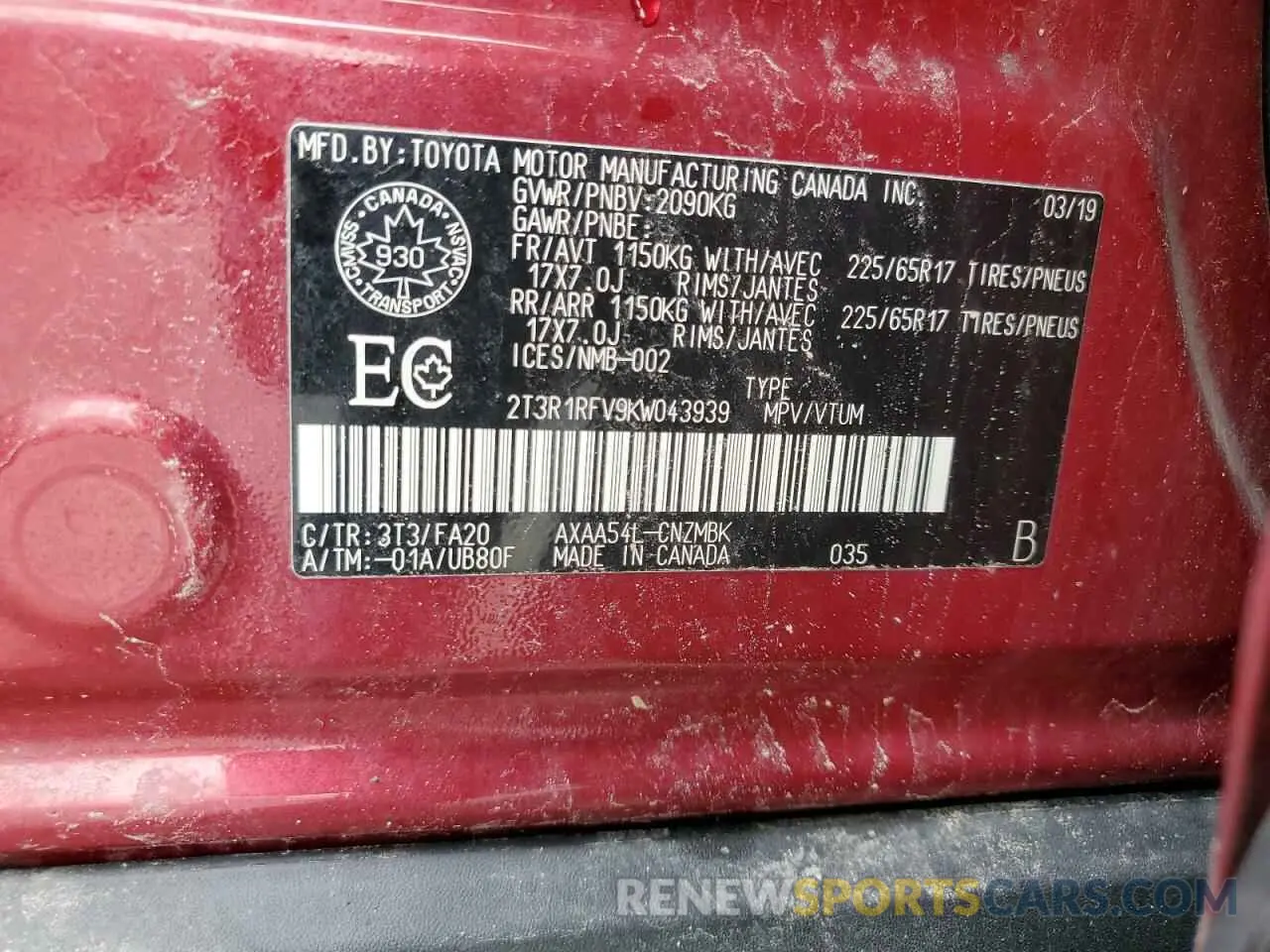 14 Фотография поврежденного автомобиля 2T3R1RFV9KW043939 TOYOTA RAV4 2019