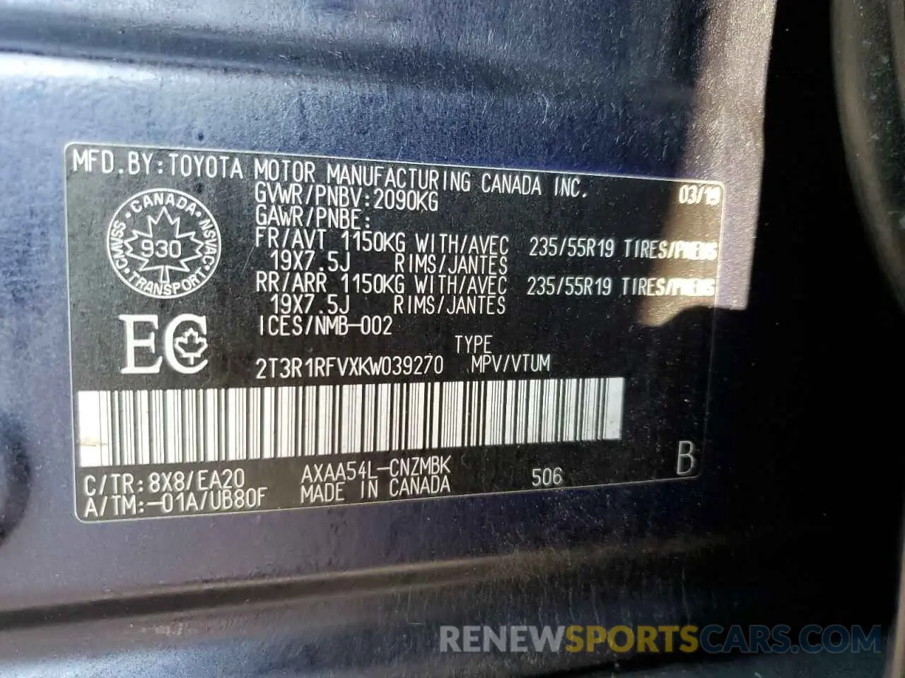 14 Photograph of a damaged car 2T3R1RFVXKW039270 TOYOTA RAV4 2019