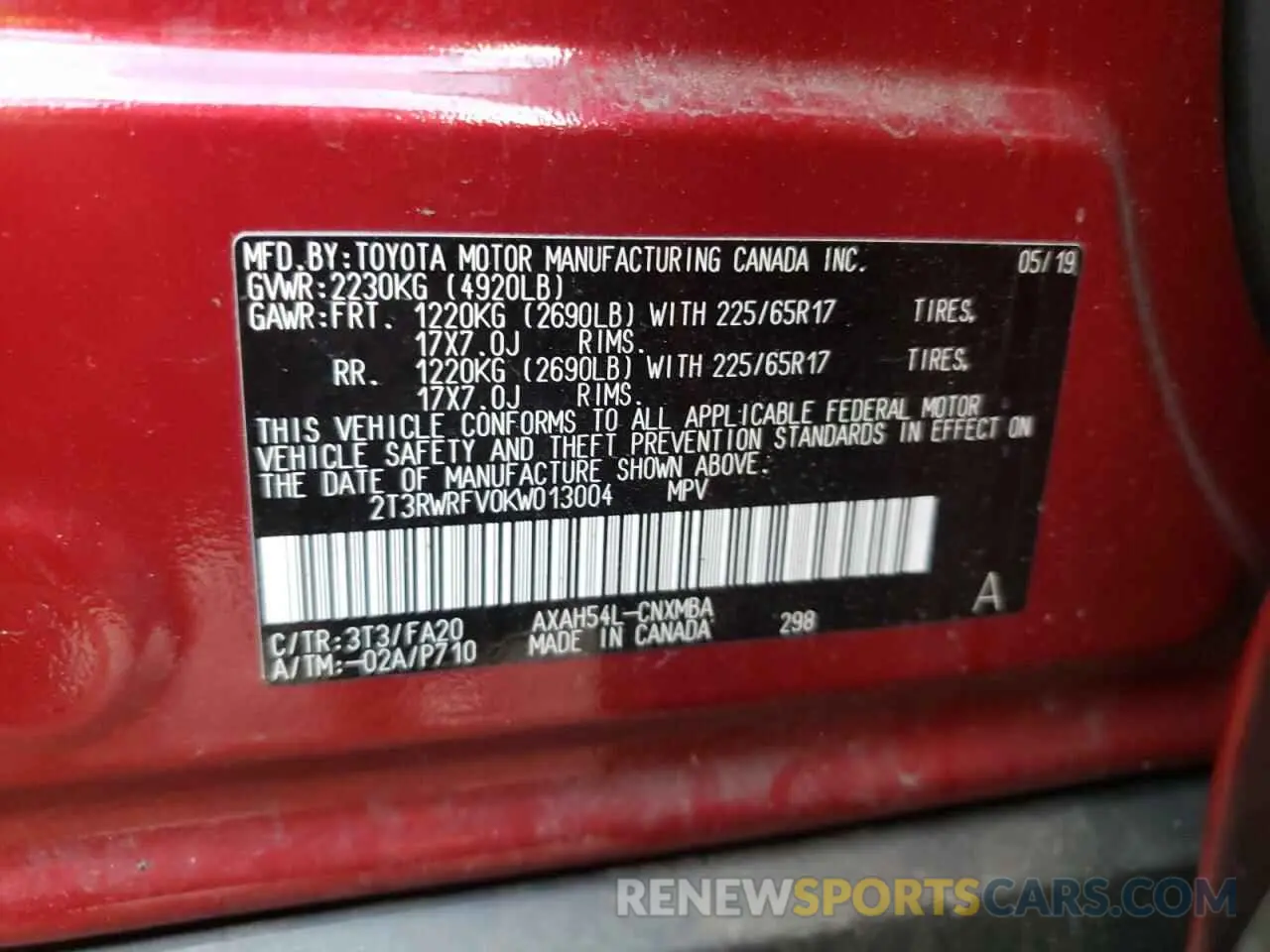 10 Photograph of a damaged car 2T3RWRFV0KW013004 TOYOTA RAV4 2019