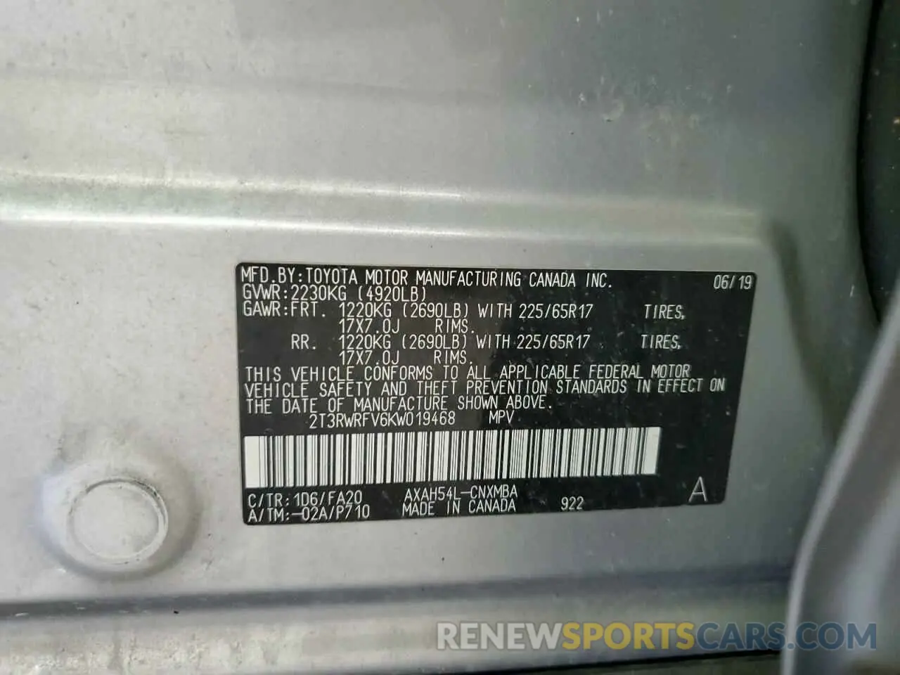13 Photograph of a damaged car 2T3RWRFV6KW019468 TOYOTA RAV4 2019