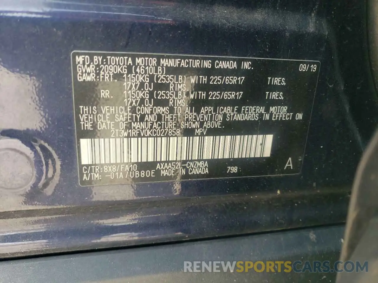 13 Photograph of a damaged car 2T3W1RFV0KC027858 TOYOTA RAV4 2019