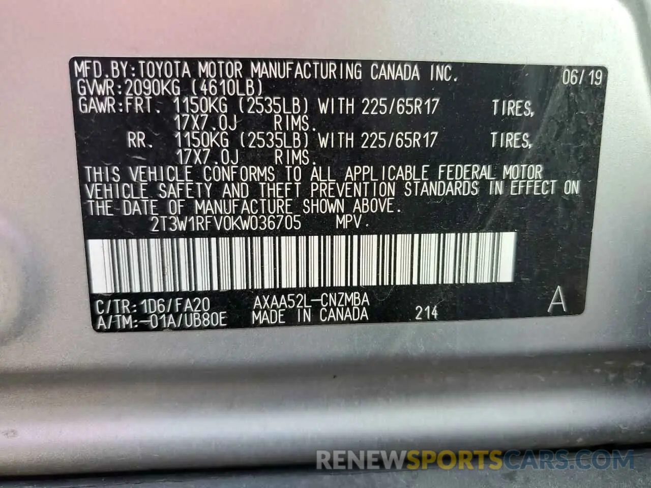 13 Photograph of a damaged car 2T3W1RFV0KW036705 TOYOTA RAV4 2019