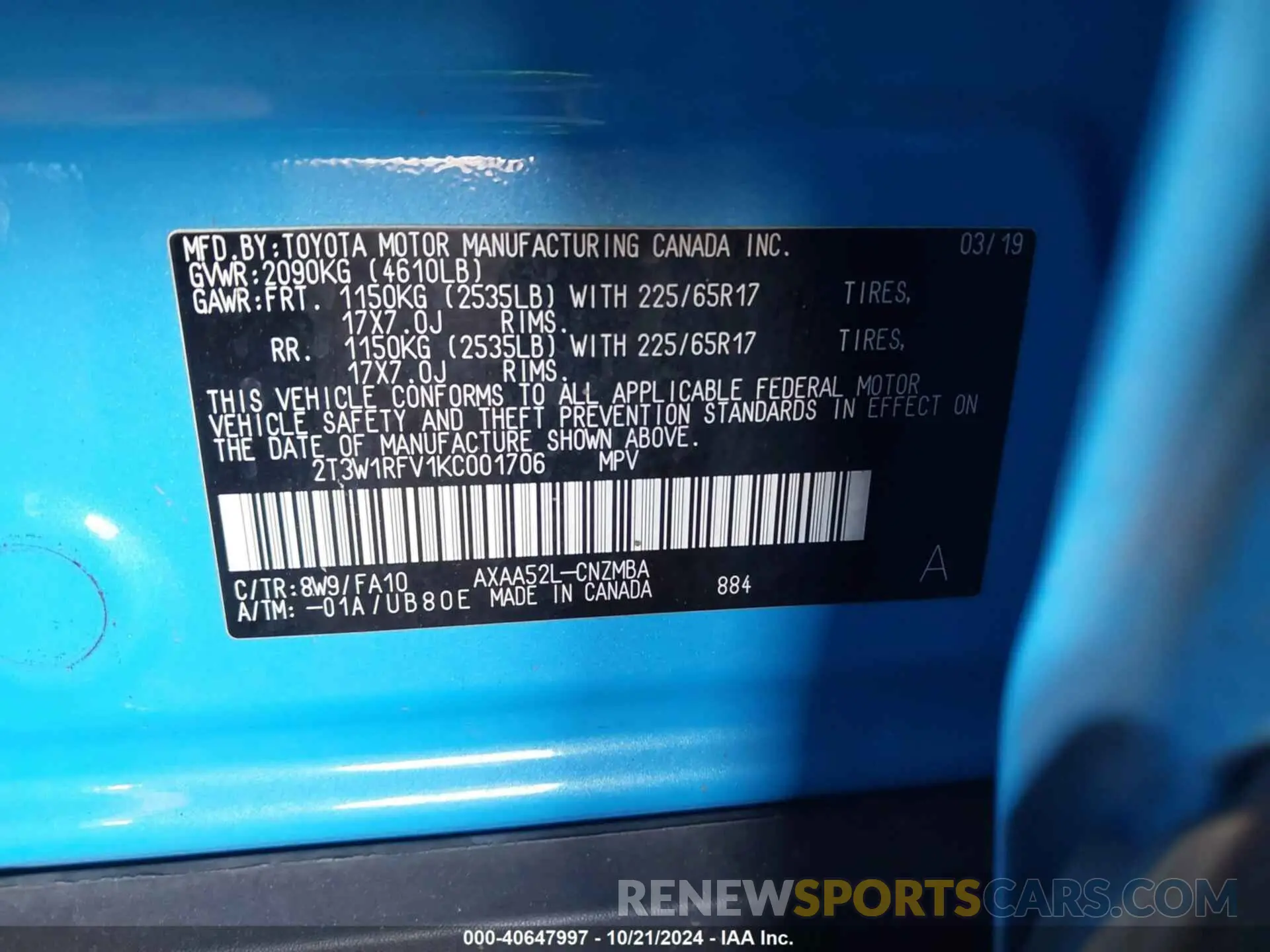 9 Photograph of a damaged car 2T3W1RFV1KC001706 TOYOTA RAV4 2019