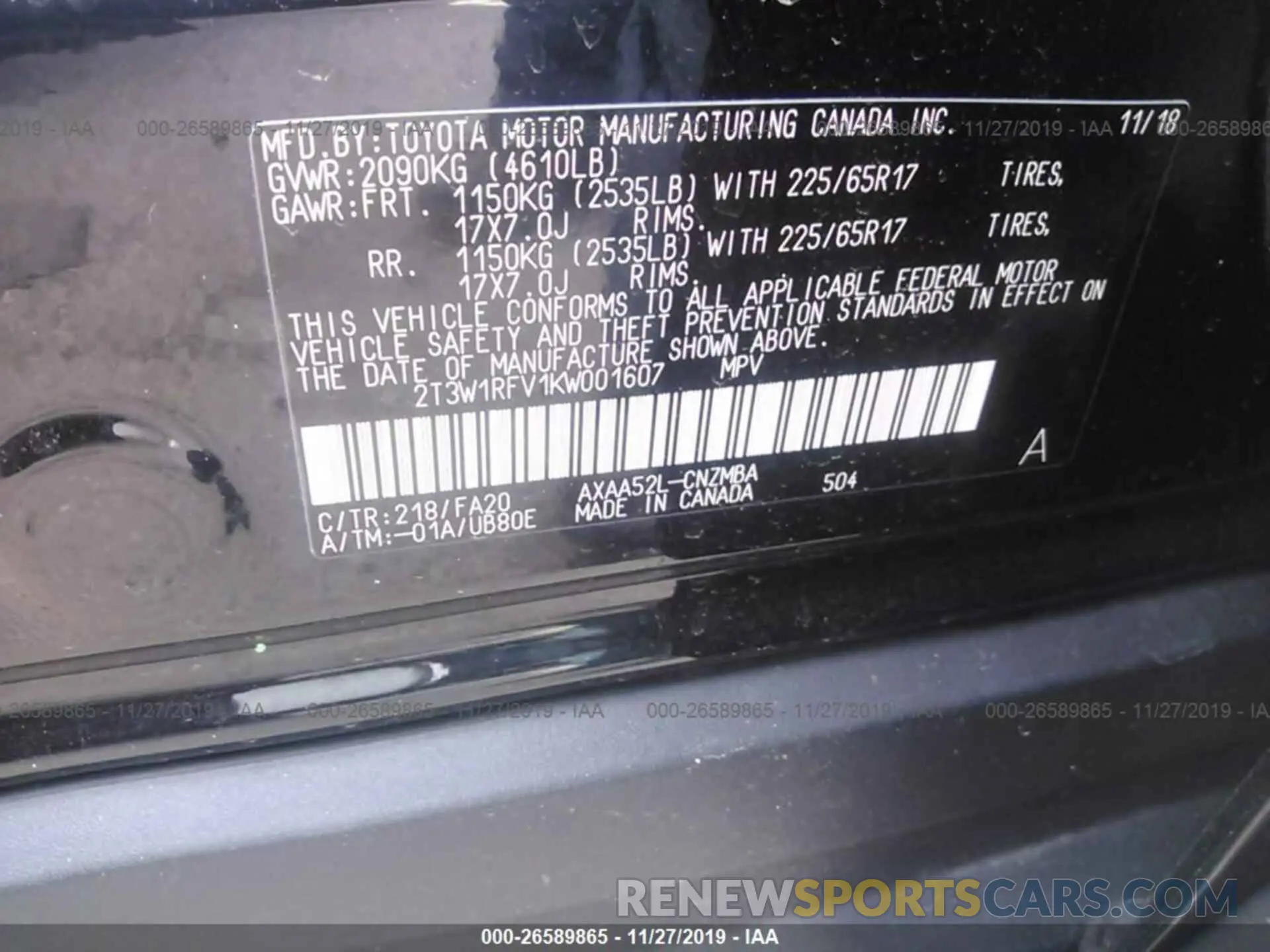 9 Photograph of a damaged car 2T3W1RFV1KW001607 TOYOTA RAV4 2019