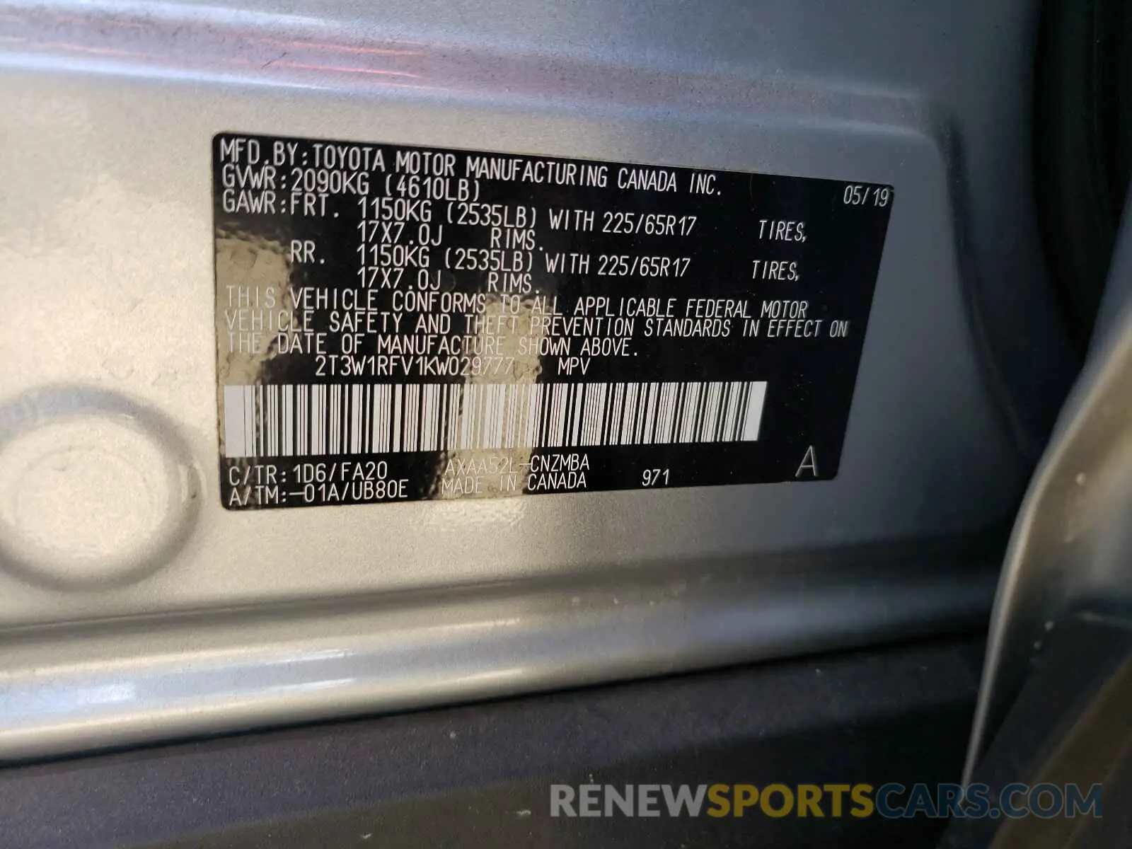 10 Photograph of a damaged car 2T3W1RFV1KW029777 TOYOTA RAV4 2019
