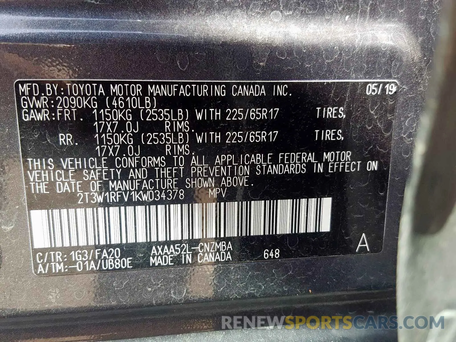 10 Photograph of a damaged car 2T3W1RFV1KW034378 TOYOTA RAV4 2019