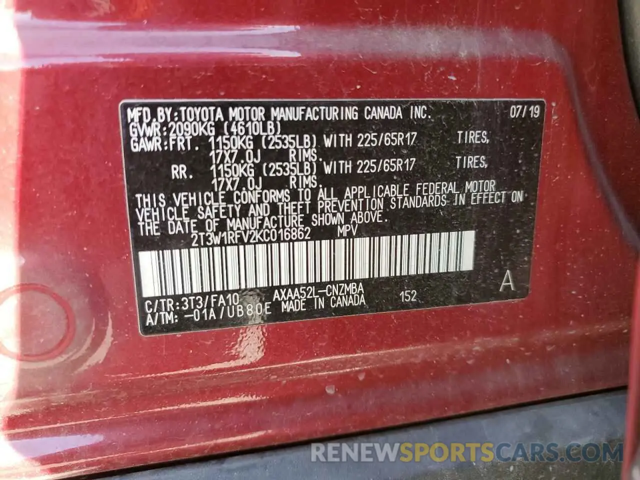 13 Фотография поврежденного автомобиля 2T3W1RFV2KC016862 TOYOTA RAV4 2019