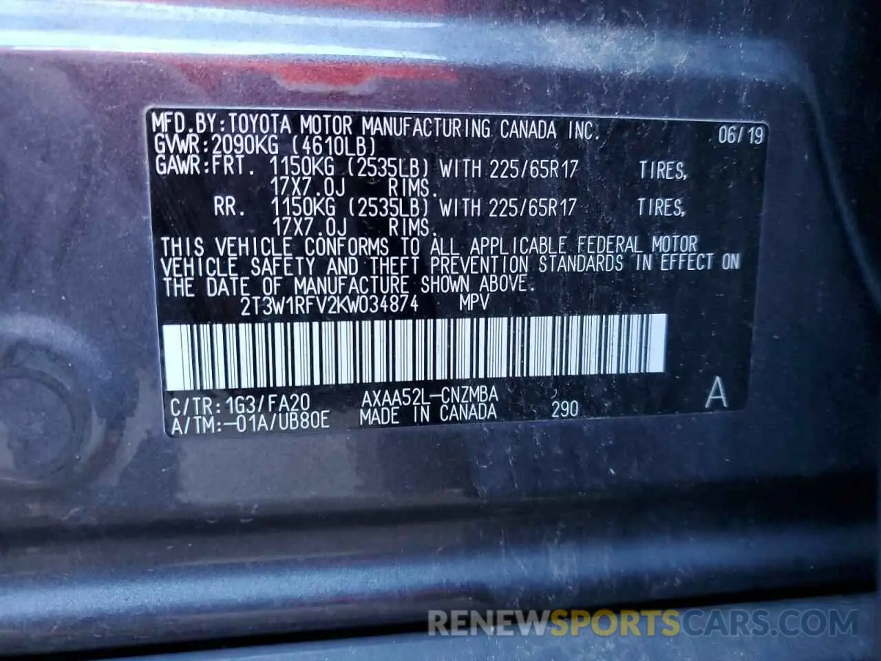 12 Фотография поврежденного автомобиля 2T3W1RFV2KW034874 TOYOTA RAV4 2019