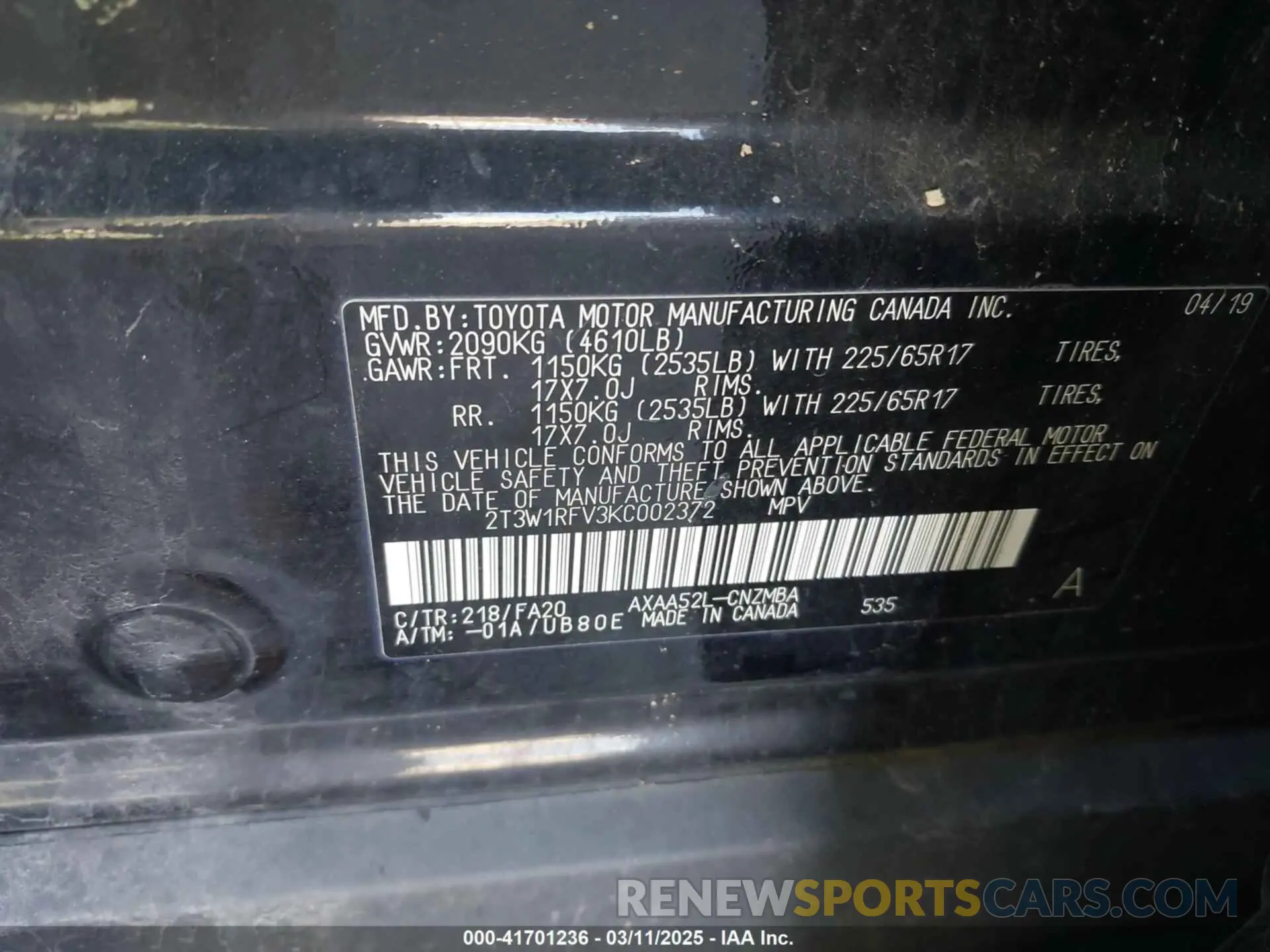 9 Photograph of a damaged car 2T3W1RFV3KC002372 TOYOTA RAV4 2019