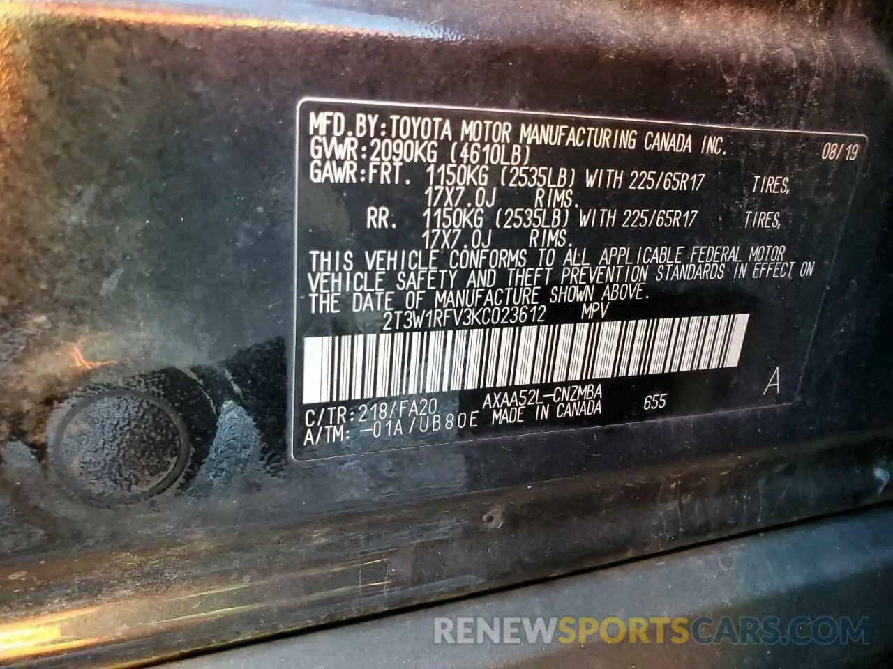 13 Photograph of a damaged car 2T3W1RFV3KC023612 TOYOTA RAV4 2019