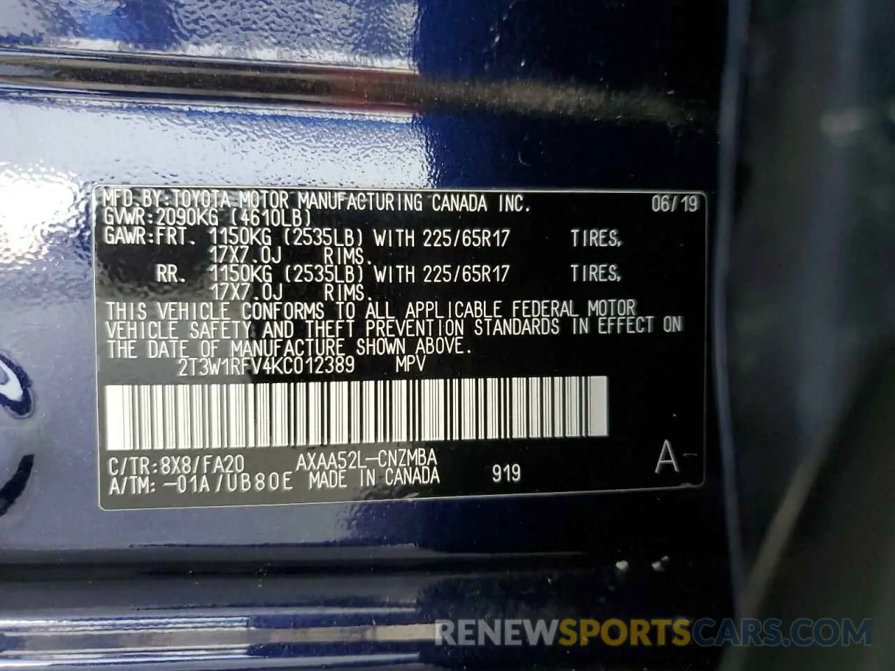 13 Фотография поврежденного автомобиля 2T3W1RFV4KC012389 TOYOTA RAV4 2019