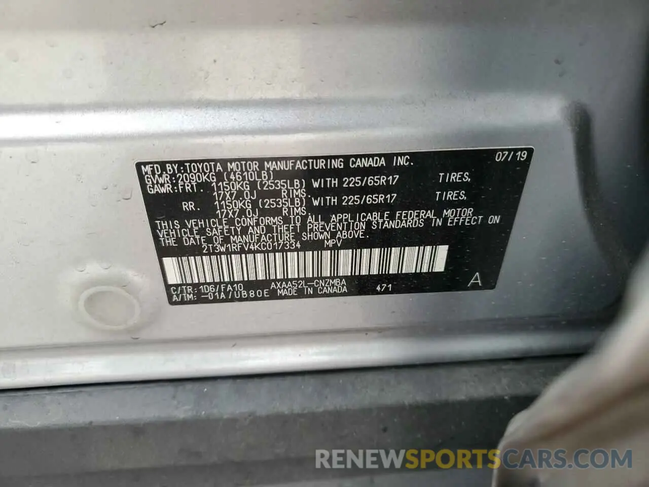 13 Photograph of a damaged car 2T3W1RFV4KC017334 TOYOTA RAV4 2019