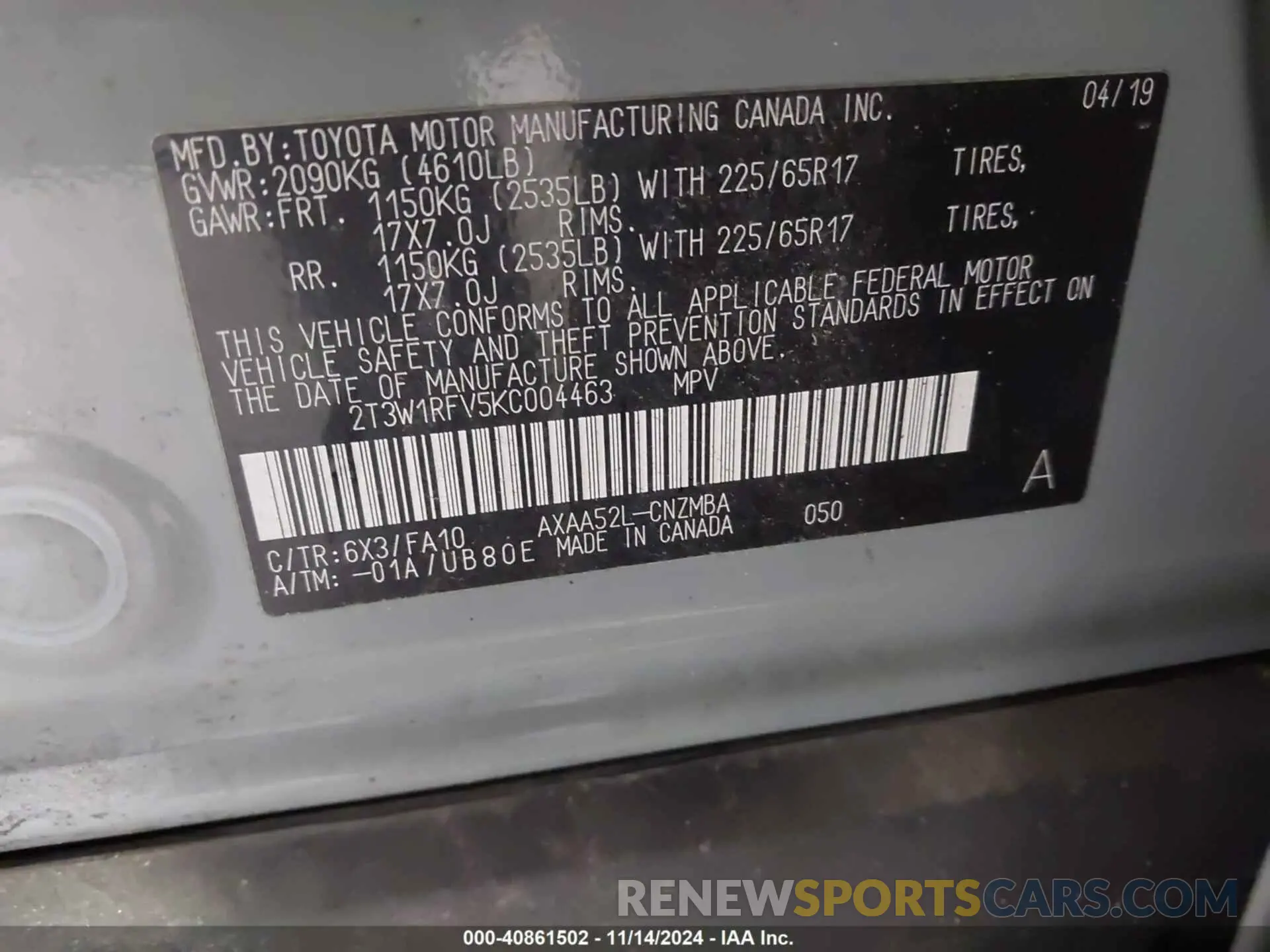 9 Photograph of a damaged car 2T3W1RFV5KC004463 TOYOTA RAV4 2019