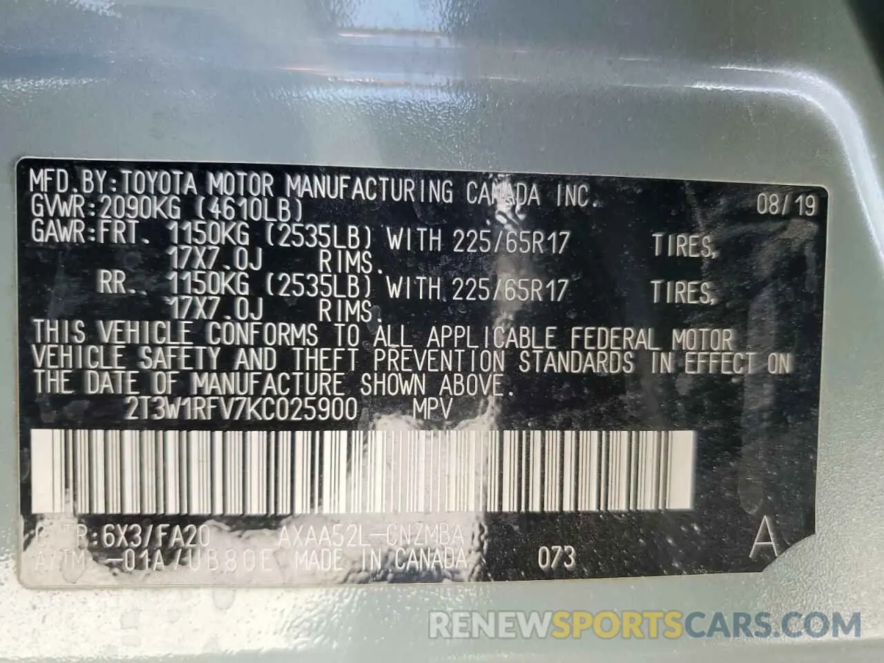 13 Photograph of a damaged car 2T3W1RFV7KC025900 TOYOTA RAV4 2019
