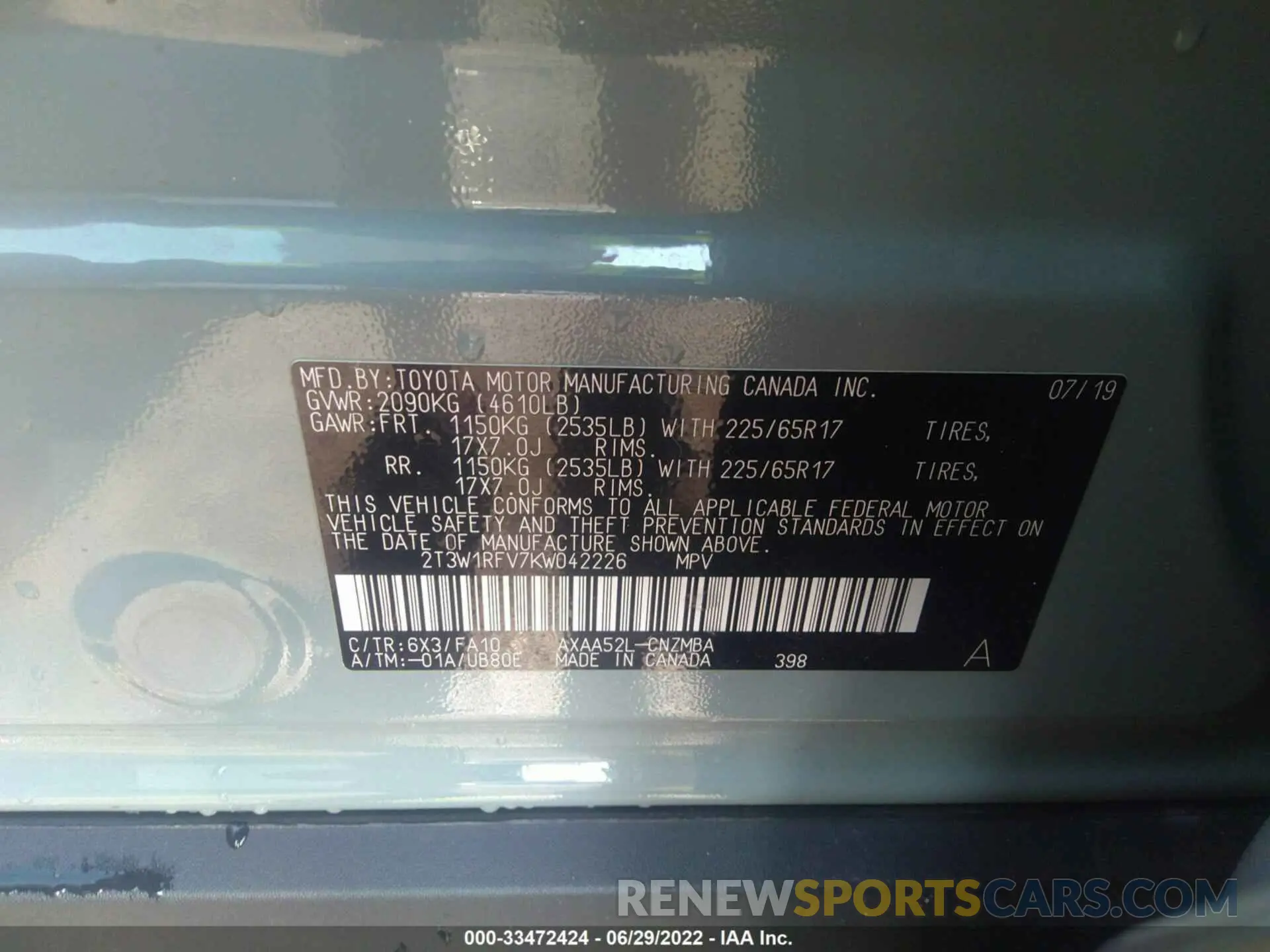 9 Фотография поврежденного автомобиля 2T3W1RFV7KW042226 TOYOTA RAV4 2019