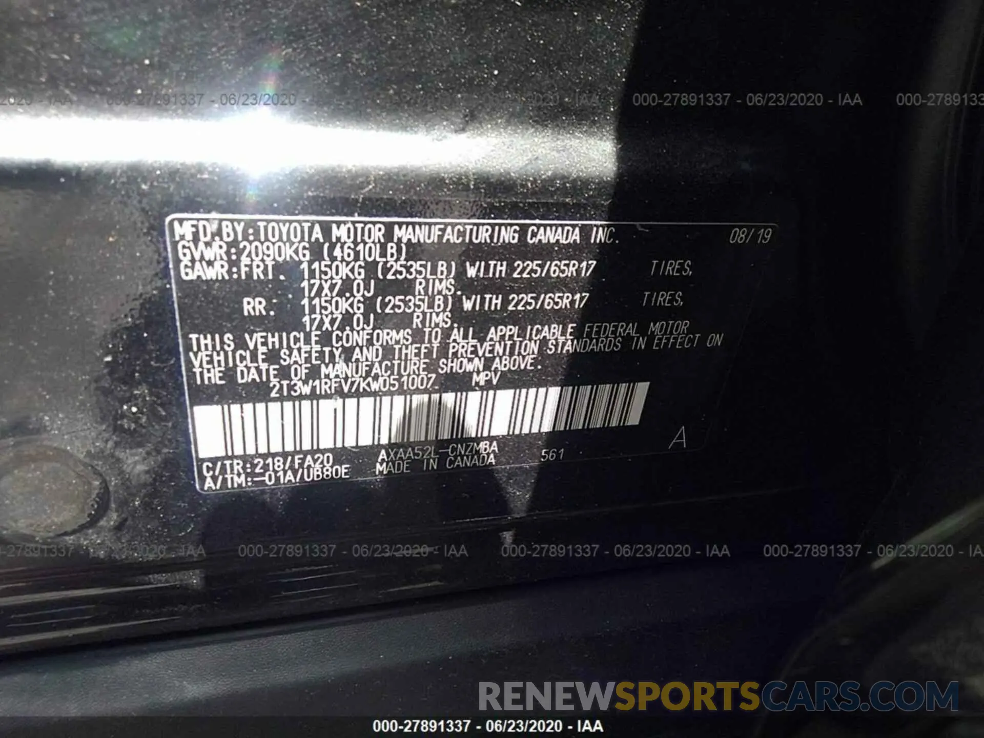 9 Фотография поврежденного автомобиля 2T3W1RFV7KW051007 TOYOTA RAV4 2019