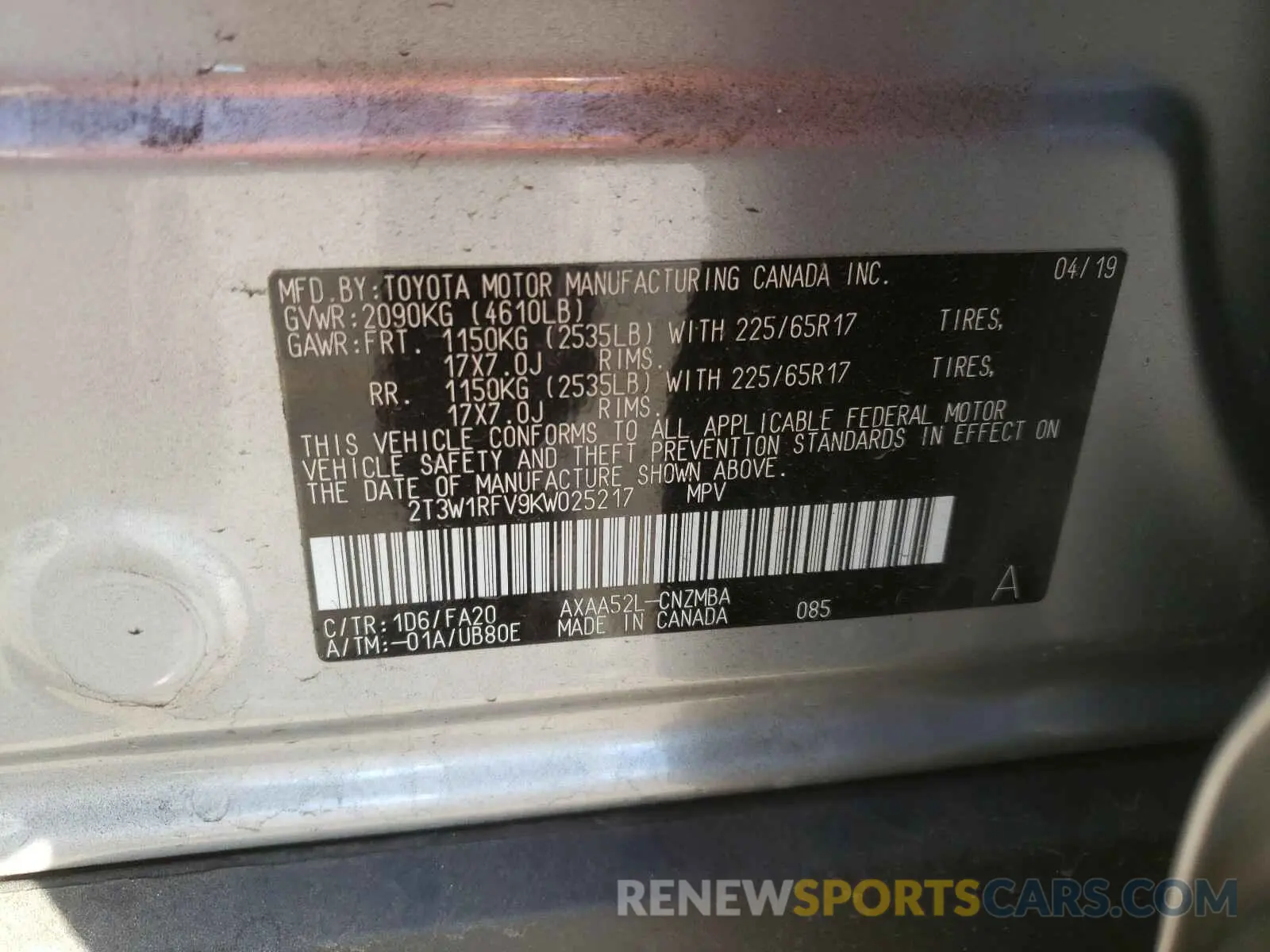 10 Фотография поврежденного автомобиля 2T3W1RFV9KW025217 TOYOTA RAV4 2019