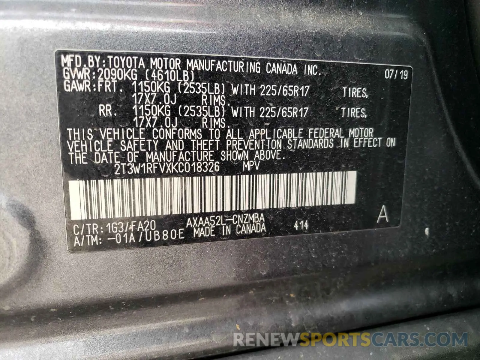 10 Photograph of a damaged car 2T3W1RFVXKC018326 TOYOTA RAV4 2019