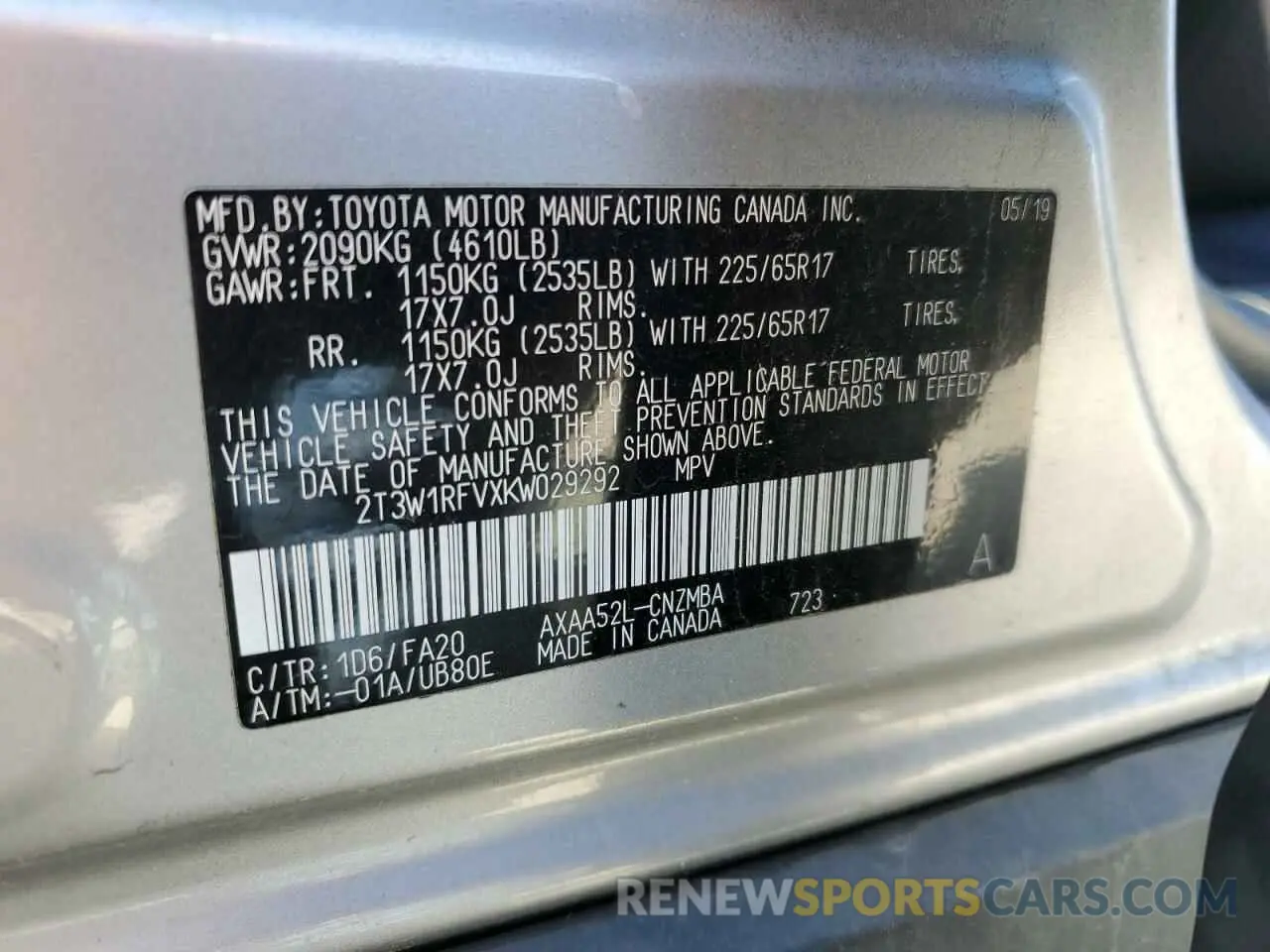 13 Фотография поврежденного автомобиля 2T3W1RFVXKW029292 TOYOTA RAV4 2019