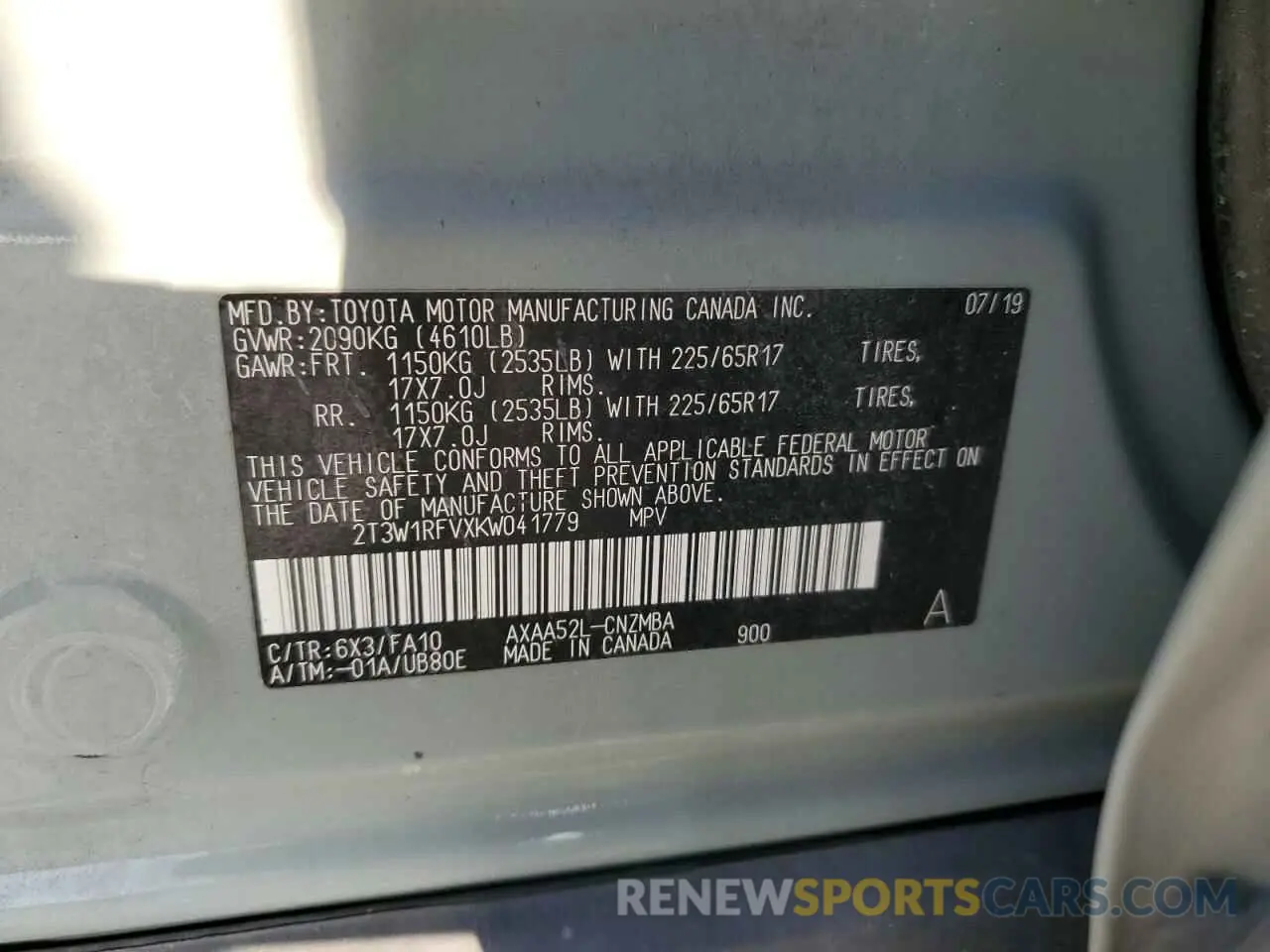 12 Photograph of a damaged car 2T3W1RFVXKW041779 TOYOTA RAV4 2019