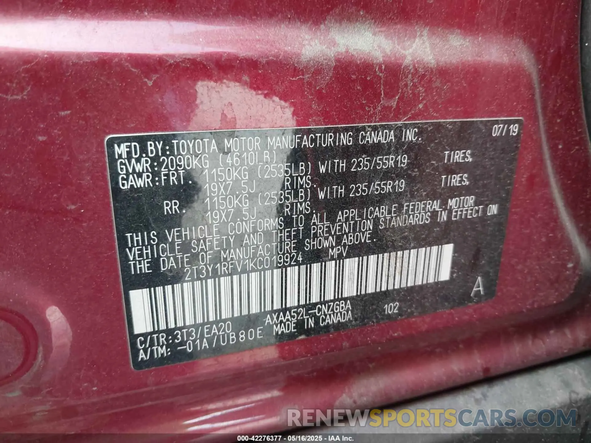 9 Фотография поврежденного автомобиля 2T3Y1RFV1KC019924 TOYOTA RAV4 2019